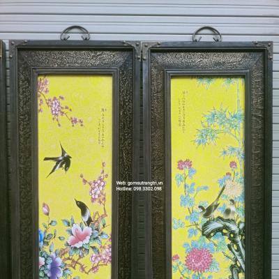 tranh sứ khung gỗ hoạ tiết tứ quý, tranh mầu vàng, tranh trung quốc, tranh sứ, tranh treo phòng khách